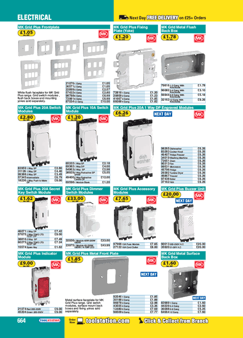 MK Grid Plus 10A Switch Module 2 Way Retractive Centre Off