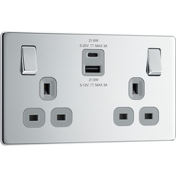 BG / BG Screwless Flatplate Polished Chrome 13A Power Socket With USB A+C 22W 2 Gang