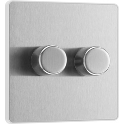 BG Evolve Brushed Steel (White Ins) Trailing Edge Led 200W Double Dimmer Switch, 2-Way Push On/Off 