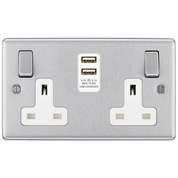 BG Brushed Steel USB 13A White Insert Switched Socket