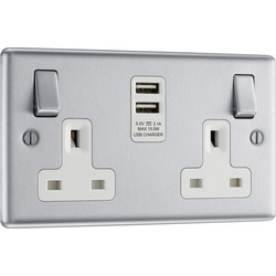 BG Brushed Steel USB 13A White Insert Switched Socket 2 Gang + 2 USB (3.1A)