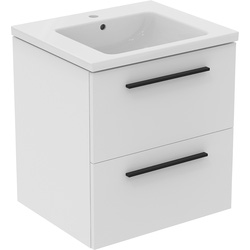 Ideal Standard i.life B Double Drawer Wall Hung Unit with Basin Matt White 600mm with Matt Black Handles