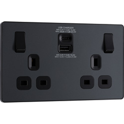 BG Evolve Matt Grey (Black Ins) Double Switched 13A Power Socket + Usb C 30W + Usba (2.1A) 