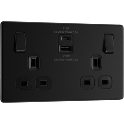 BG / BG Screwless Flatplate Matt Black 13A Switched Socket With USB A+C 22W 2 Gang