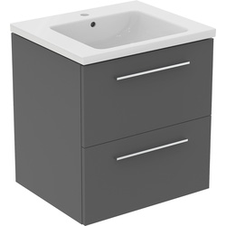 Ideal Standard i.life B Double Drawer Wall Hung Unit with Basin Matt Quartz Grey 600mm with Brushed Chrome Handles