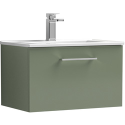 nuie Arno Single Drawer Wall Hung Vanity Unit Satin Green 600mm With Minimalist Basin