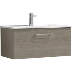 nuie Arno Single Drawer Wall Hung Vanity Unit Solace Oak 800mm With Minimalist Basin