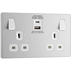 BG Evolve Brushed Steel (White Ins) Double Switched 13A Power Socket + Usb C 30W + Usba (2.1A) 