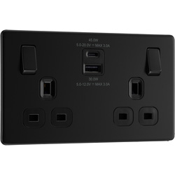 BG / BG Screwless Flatplate Matt Black 13A Switched Socket With USB A+C 45W 2 Gang