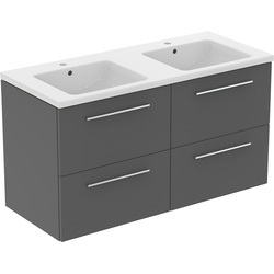 Ideal Standard i.life B 4 Drawer Wall Hung Unit with Double Basin Matt Quartz Grey 1200mm with Brushed Chrome Handles