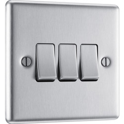 BG Brushed Steel Switch 3 Gang 2 Way 10A