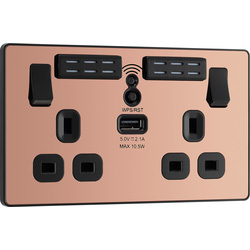 BG Evolve Polished Copper (Black Ins) Wifi Extender Double Switched 13A Power Socket + 1X Usb (2.1A) 