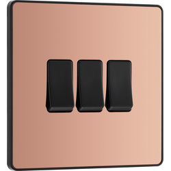 BG Evolve Polished Copper (Black Ins) Triple Light Switch, 20A 16Ax, 2 Way 