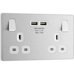 BG Evolve Brushed Steel (White Ins) Double Switched 13A Power Socket + 2 X Usb (3.1A) 