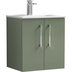 nuie Arno Double Door Wall Hung Vanity Unit Satin Green 500mm With Minimalist Basin