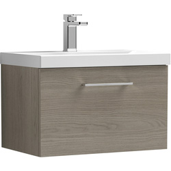 nuie Arno Single Drawer Wall Hung Vanity Unit Solace Oak 600mm With Standard Basin