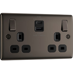 BG / BG Nexus Metal Black Nickel 13A Power Socket 22W 2 Gang