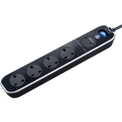 Masterplug 4 Socket Switched Extension Lead + 2 x 3.1A USB Inline Surge - Gloss Black 2m - 35264 - from Toolstation