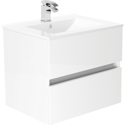 Newland Double Drawer Wall Hung Vanity Unit With Basin White Gloss 600mm