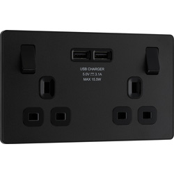BG Evolve Matt Black (Black Ins) Double Switched 13A Power Socket + 2 X Usb (3.1A) 