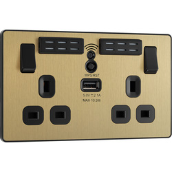 BG Evolve Brushed Brass (Black Ins) Wifi Extender Double Switched 13A Power Socket + 1X Usb (2.1A) 