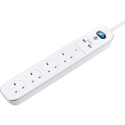 Masterplug / 4 Socket Switched Extension Lead + 2 x 3.1A USB Inline Surge - Gloss White 2m