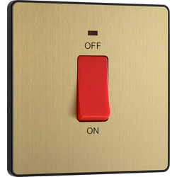BG Evolve Brushed Brass (Black Ins) 45A Square Switch, Double Pole With Led Power Indicator 