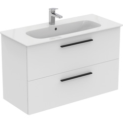 Ideal Standard i.life A Double Drawer Wall Hung Vanity Unit with Basin Matt White 1000mm with Matt Black Handles