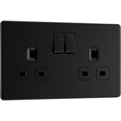 BG / BG Screwless Flatplate Matt Black 13A Switched Socket 2 Gang