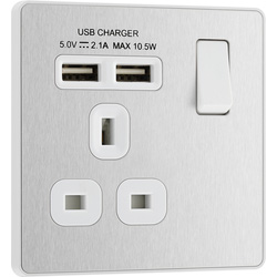 BG Evolve Brushed Steel (White Ins) Single Switched 13A Power Socket + 2 X Usb (2.1A) 