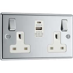 BG BG Polished Chrome 13A Switched Socket + A & C Type USB 2 Gang + 2 USB (4.2A) - 50165 - from Toolstation