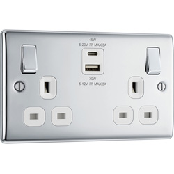 BG / BG Nexus Metal Polished Chrome 13A Switched Socket With USB A+C 45W 2 Gang