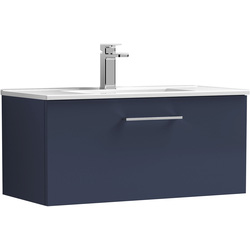 nuie Arno Single Drawer Wall Hung Vanity Unit Midnight Blue 800mm With Minimalist Basin