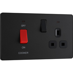 BG Evolve Matt Black (Black Ins) Cooker Control Socket, Double Pole Switch With Led Power Indicators 