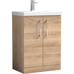 nuie Arno Double Door Floor Standing Vanity Unit Bleached Oak 600mm With Slim Edge Basin