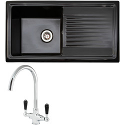 Reginox Reversible Ceramic Kitchen Sink & Drainer Single Bowl Black with Brushed Nickel Tap