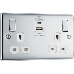 BG / BG Nexus Metal Polished Chrome 13A Switched Socket With USB A+C 22W 2 Gang