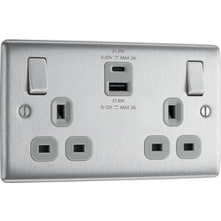 BG / BG Nexus Metal Brushed Steel 13A Switched Socket With USB A+C 22W 2 Gang