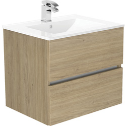Newland Double Drawer Wall Hung Vanity Unit With Basin Natural Oak 600mm