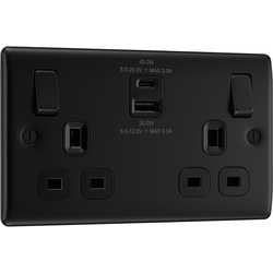 BG / BG Nexus Metal Matt Black 13A Switched Socket With USB A+C 45W 2 Gang