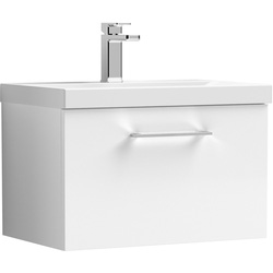 nuie Arno Single Drawer Wall Hung Vanity Unit Gloss White 600mm With Standard Basin