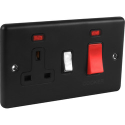 Wessex Electrical Wessex Matt Black 45A DP Switch Chrome Switched Socket + Neon - 59987 - from Toolstation
