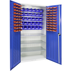 Barton Louvred Panel Cabinet with 3 Shelves & Bins 2000 x 1015 x 430mm - 60 TC1 Red & 30 TC2 Blue Bins
