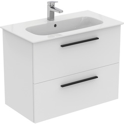 Ideal Standard i.life A Double Drawer Wall Hung Vanity Unit with Basin Matt White 800mm with Matt Black Handles