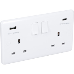 Wessex White USB Switched Socket 2 Gang 3.1A USB A & C Type
