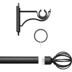 Rothley Curtain Pole Kit with Cage Orb Finials & Rings Matt Black 25mm x 1219mm