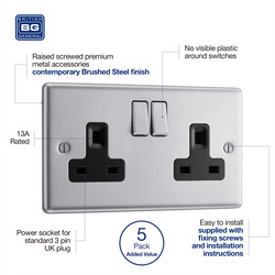 BG Brushed Steel 13A DP Black Insert Switched Socket