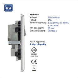 BG Brushed Steel 13A DP Black Insert Switched Socket