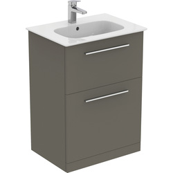 Ideal Standard i.life A Double Drawer Floor Standing Vanity Unit with Basin Matt Quartz Grey 600mm with Brushed Chrome Handles