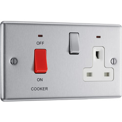 BG BG Brushed Steel 45A White Insert Cooker Unit 45A Double Pole + Socket + Neon - 65025 - from Toolstation